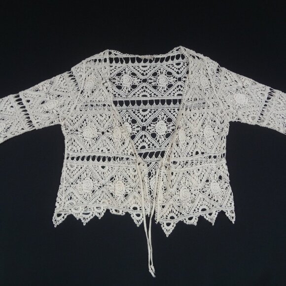 CROCHET 3/4 SLEEVE OPEN FRONT WOMENS BLOUSE OFF WHITE MEDIUM L239 - Picture 1 of 7